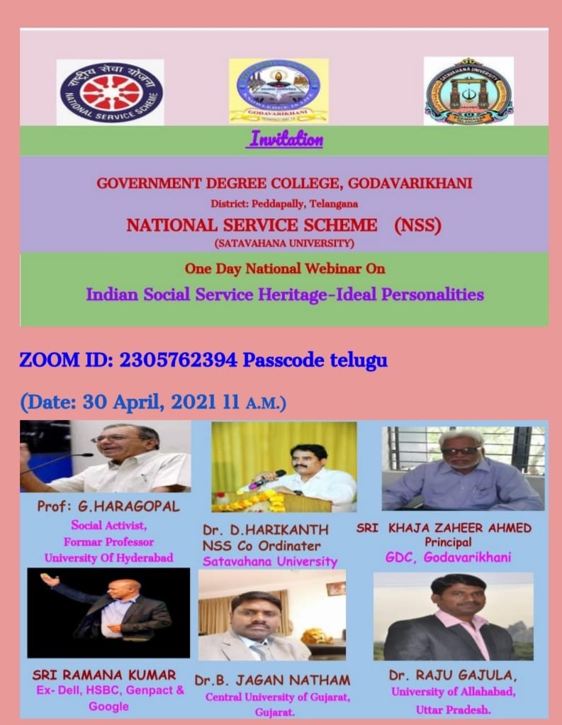 National Webinar on Indian Social Service Heritage-Ideal Personalities organised by NSS Government Degree College GODAVARIKHANI.