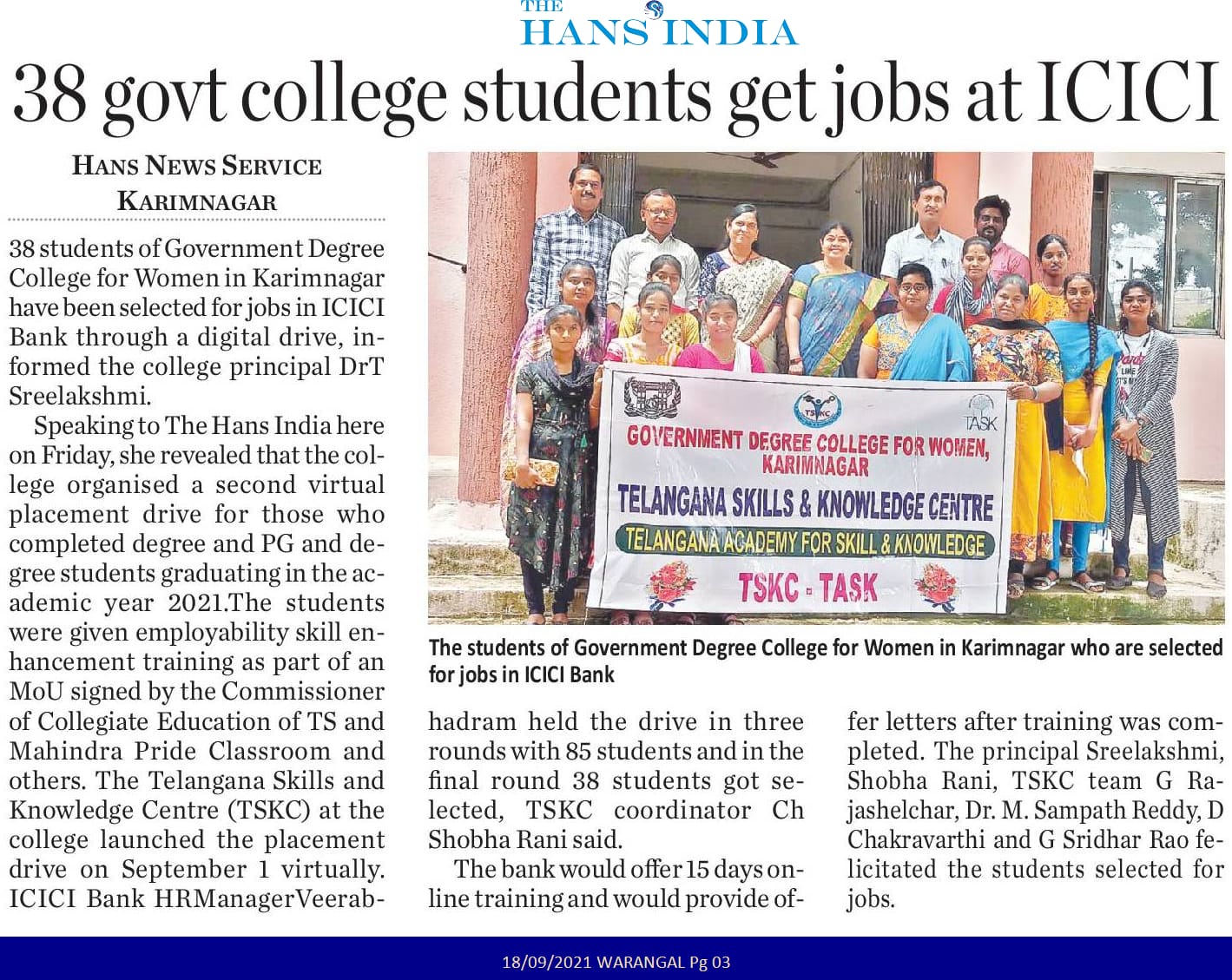 TSKC - 38 Student got job at ICICI