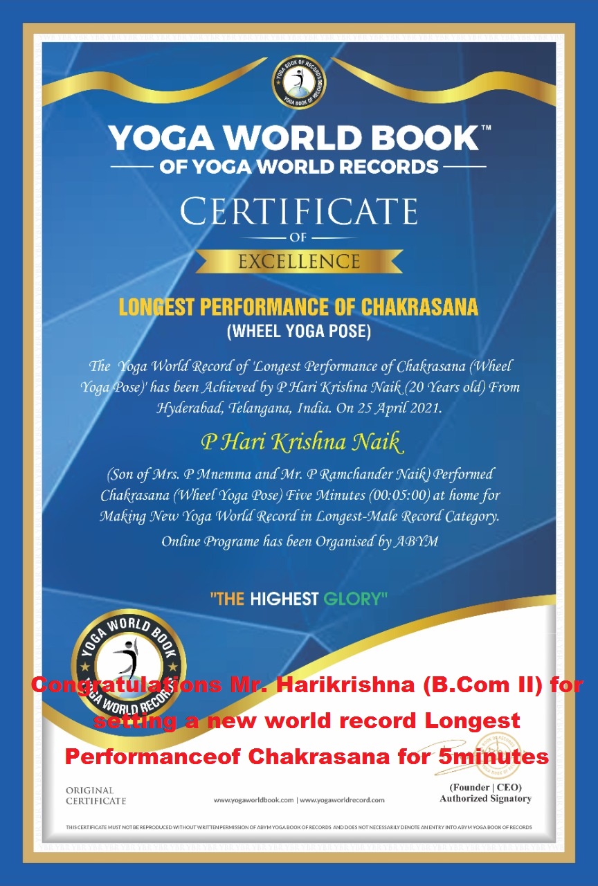 Congratulations Mr. Harikrishna (B.Com II) for setting a new world record Longest Performanceof Chakrasana for 5minutes